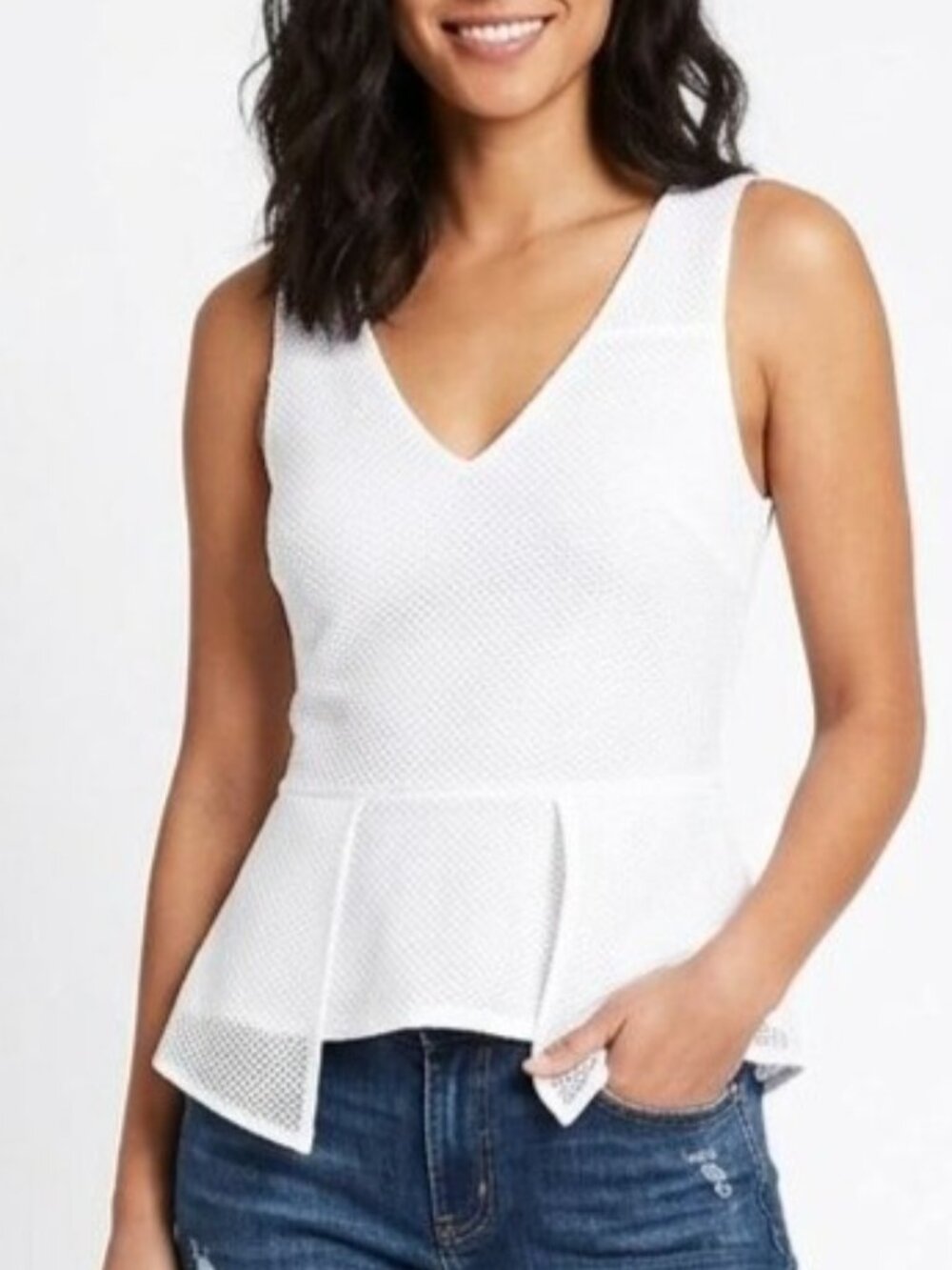 Bebe White Textured Mesh Peplum Top - Size Medium